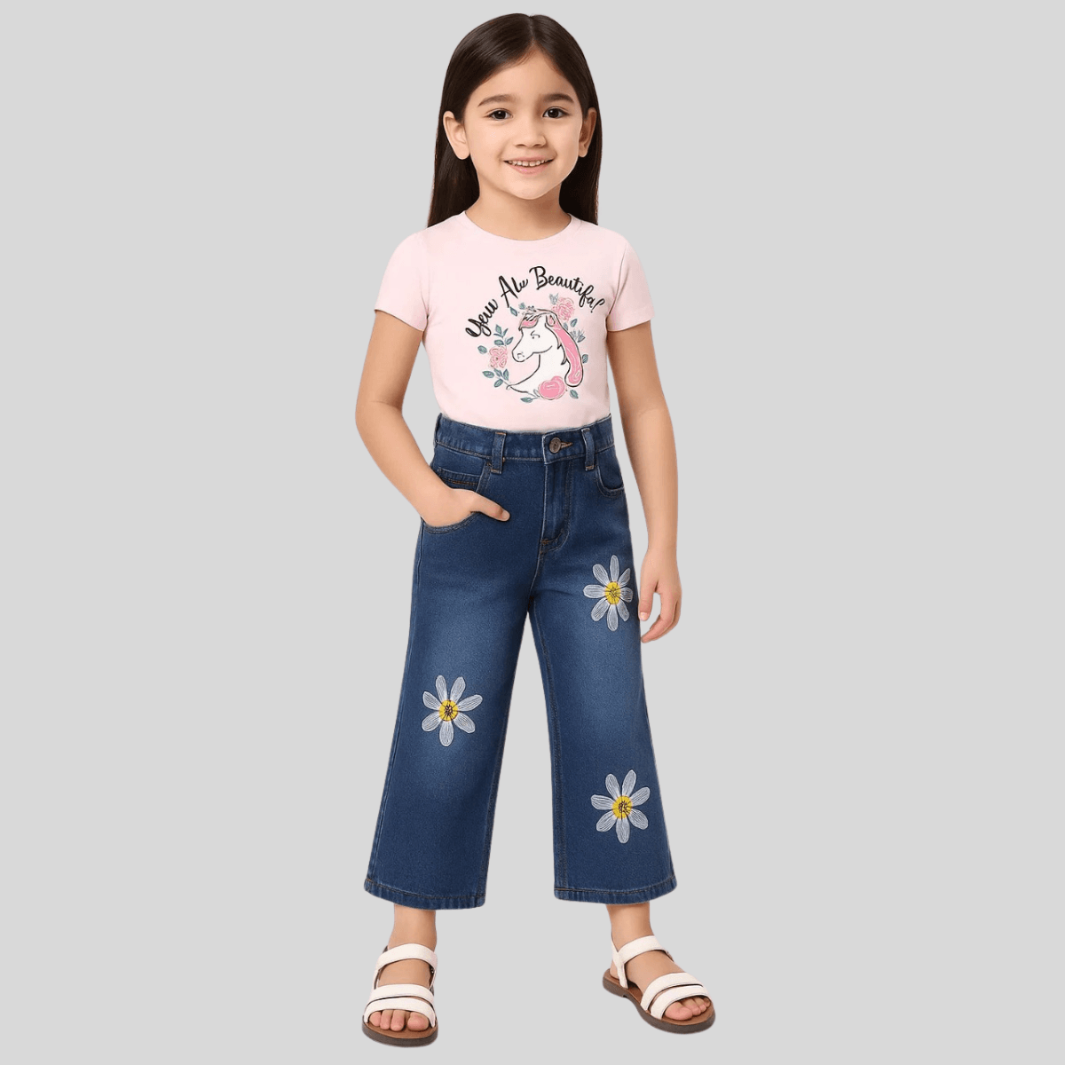 Girls Embroidered Denim Jeans A-3313 - Stylish Kids Fashion