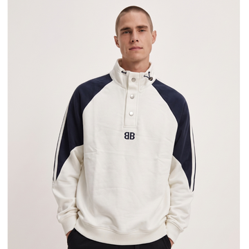 White & Navy Blue Contrast Colors Trendy Button Style Turtle Neck Sweatshirt (A-5202)