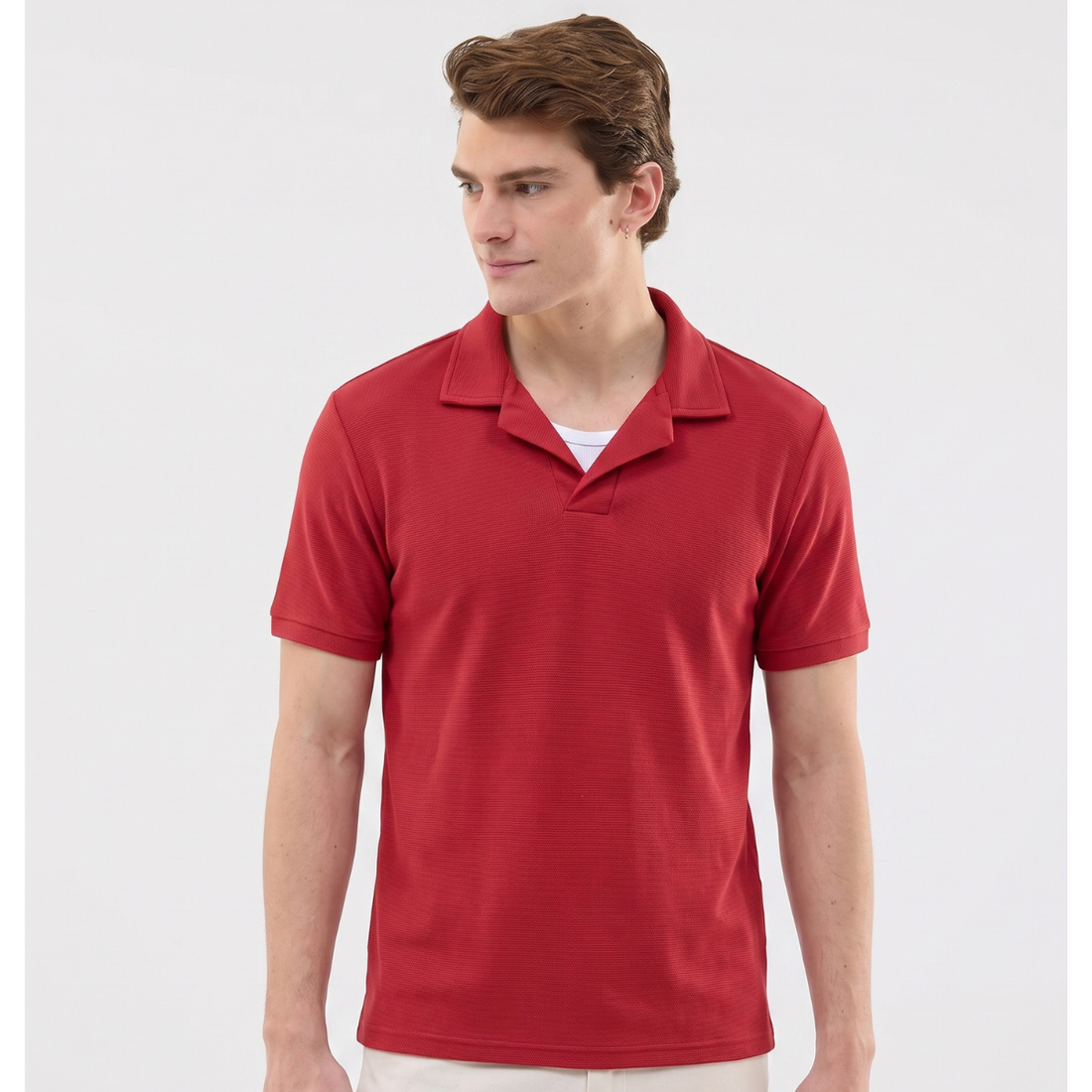 Red Self Texture Cuban Collar Polo (A-3401)