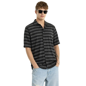 Black & Grey Stripes Cuban Collar Self Texture Shirt (A-3838)