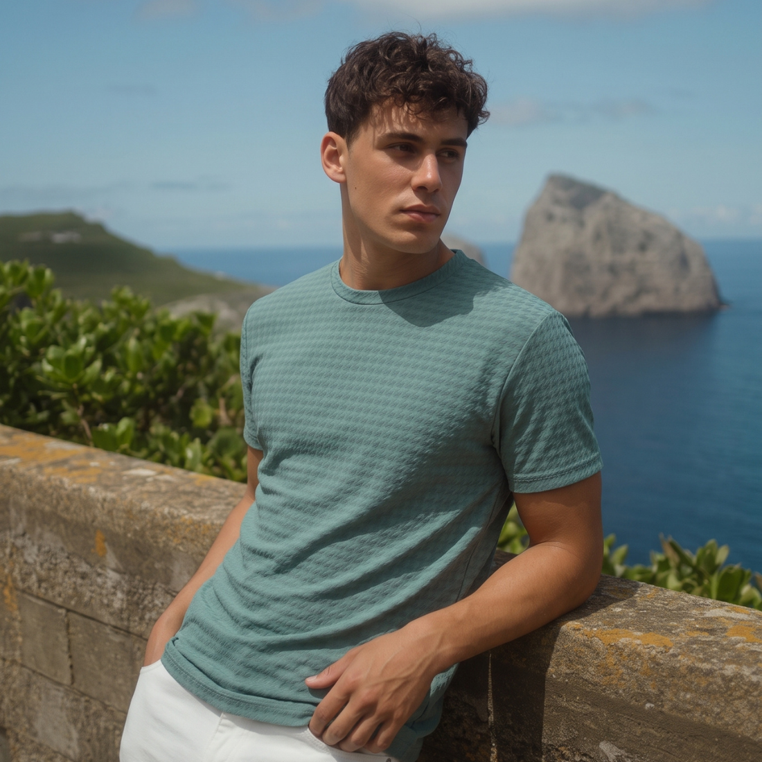 Sea Green Self Texture Round Neck T-shirt (A-5045)