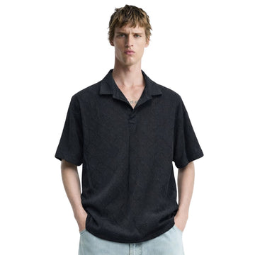Black Self Texture Cuban Collar Old Money Polo (A-3812)