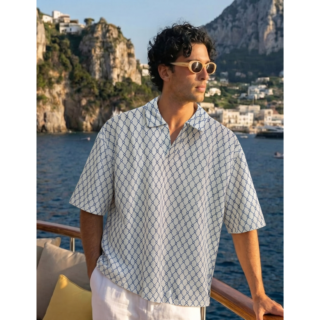 White Self Texture V-Neck Polo (A-5041)