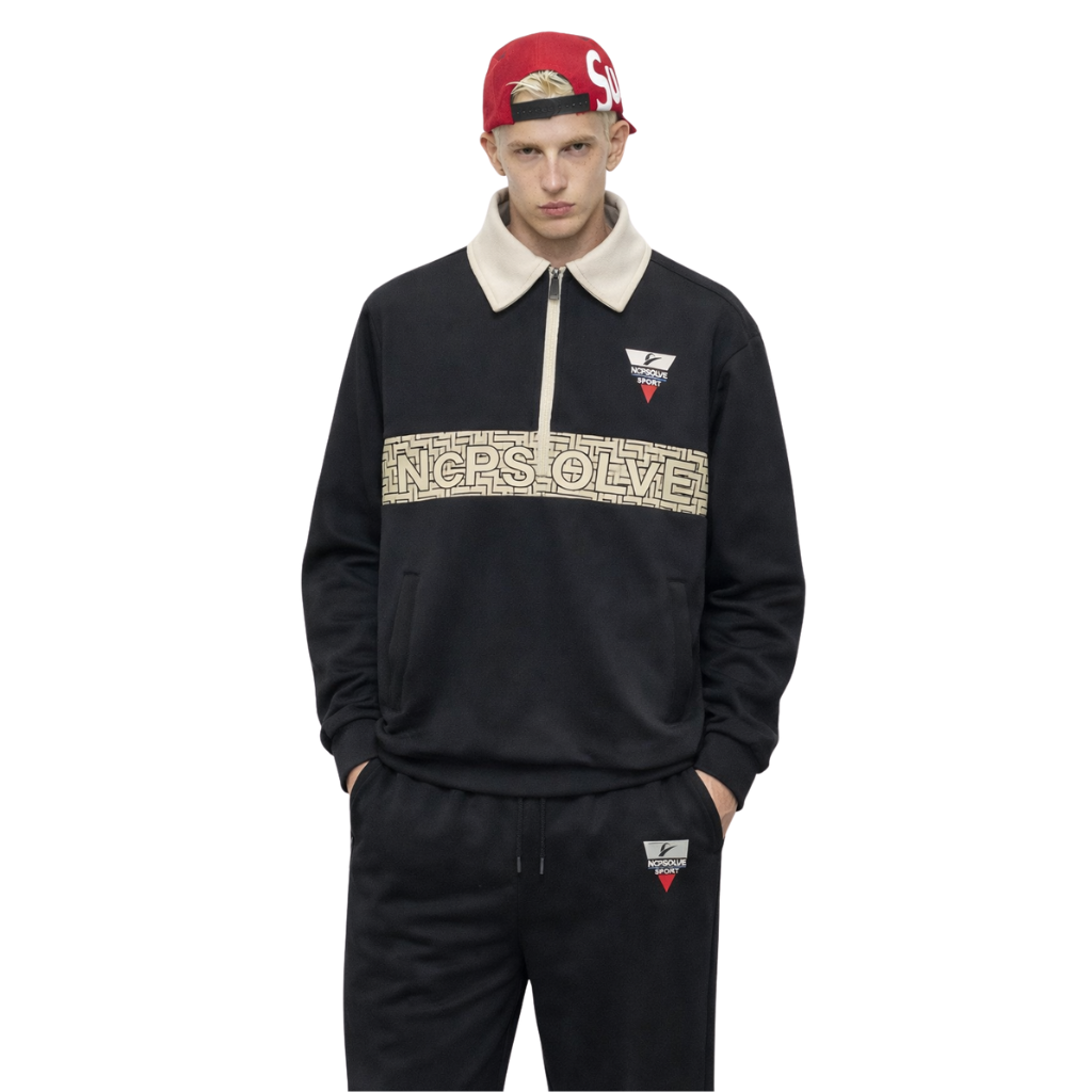 Black & Cream Contrast Double Fleece Activewear Half Zipper Track Suit (A-4019)