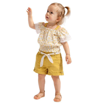 Light Lemon Floral Girls Full Suit (A-3162)