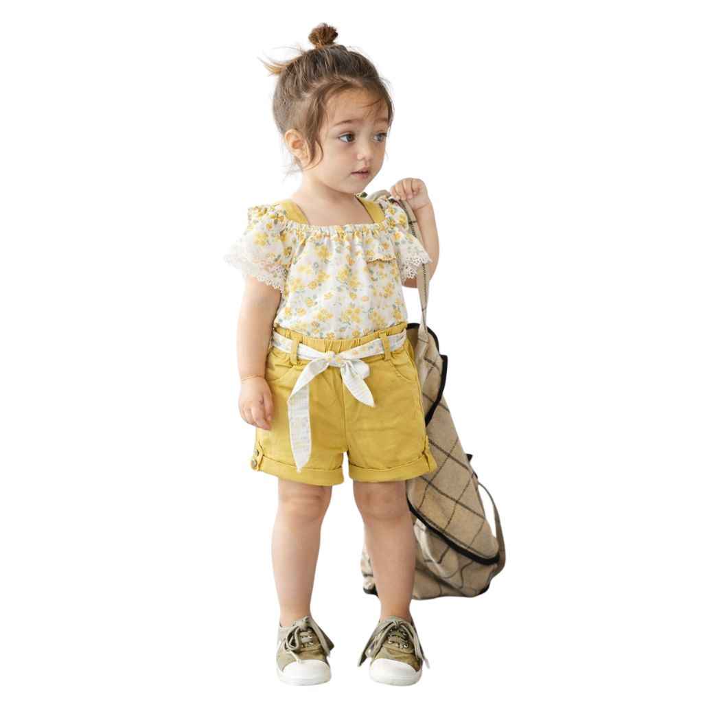 Light Lemon Floral Girls Full Suit (A-3162)