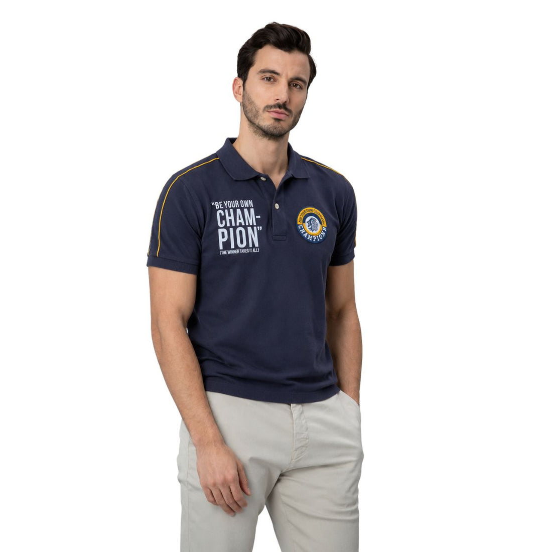 Navy Blue Mens Embroidered Contrast Polo (A-3458)