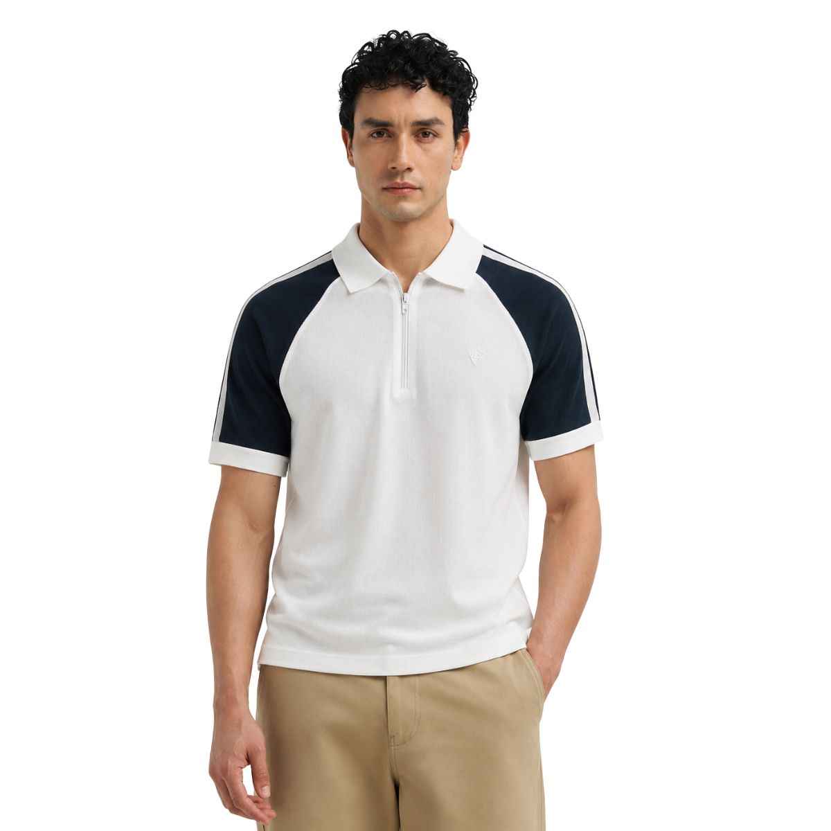 White & Navy Blue Combination Half Zipper Polos (A-4586)