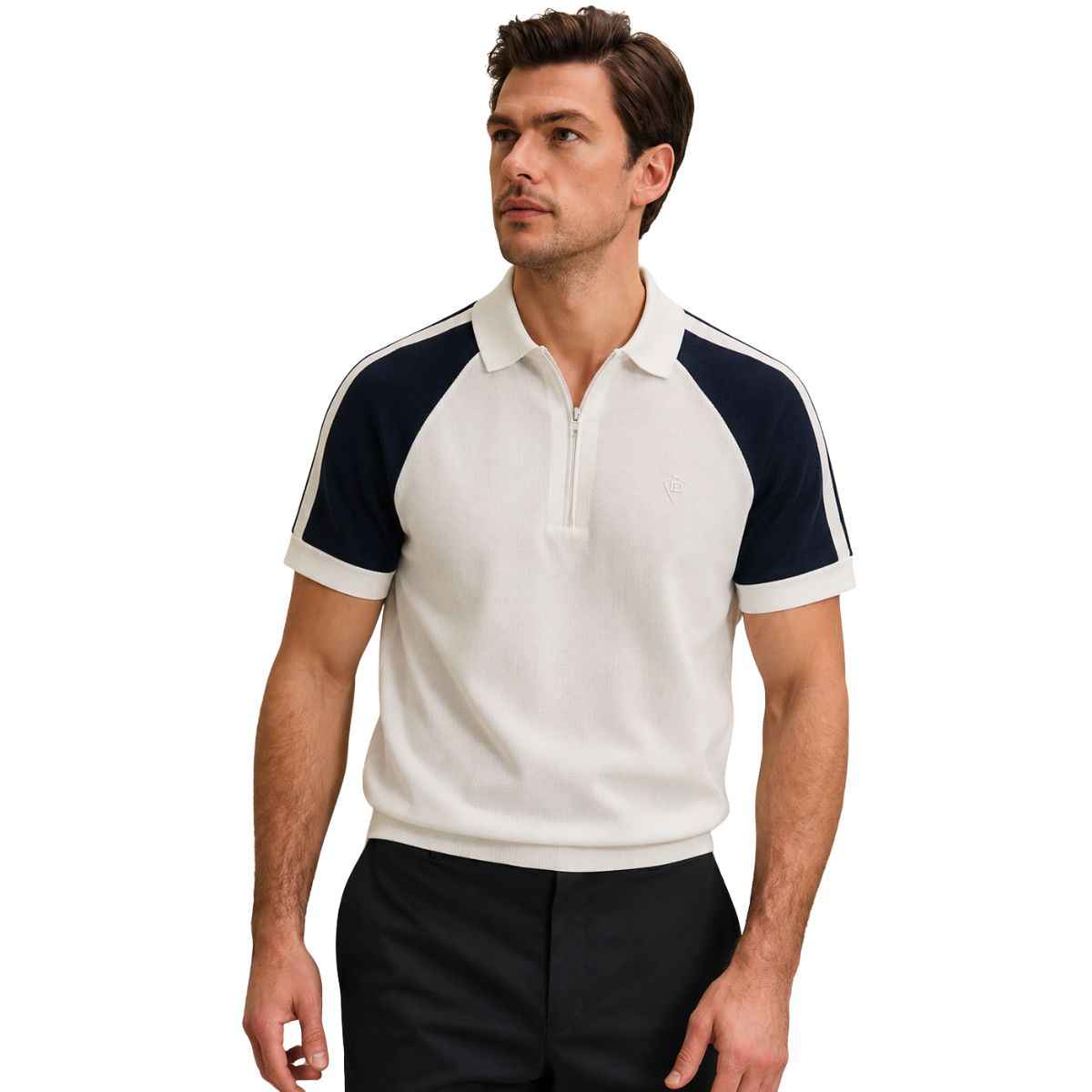 White & Navy Blue Combination Half Zipper Polos (A-4586)