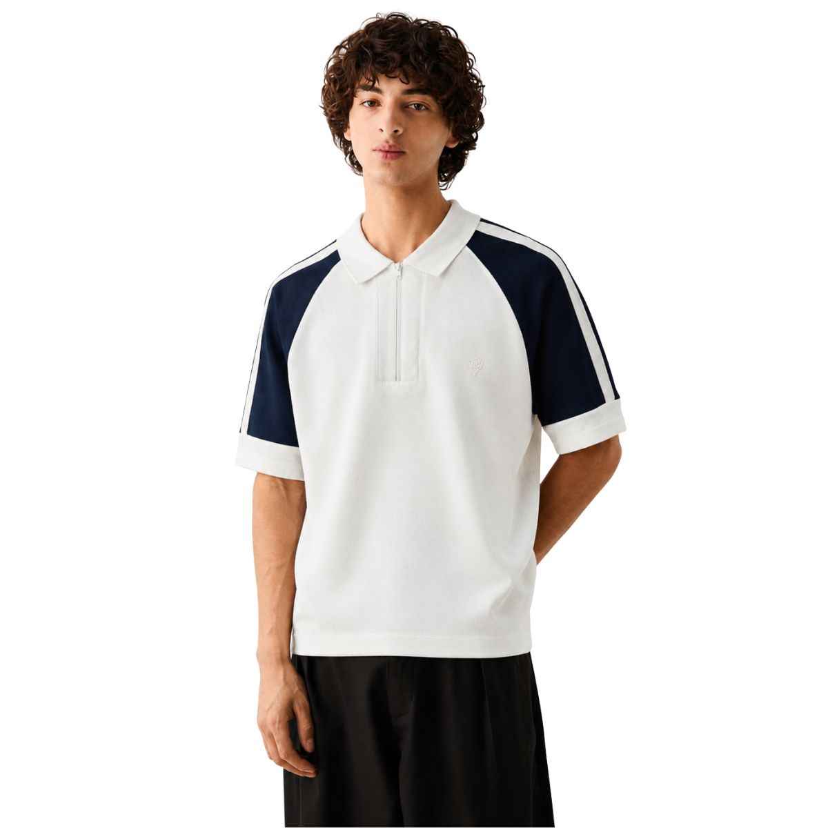 White & Navy Blue Combination Half Zipper Polos (A-4586)