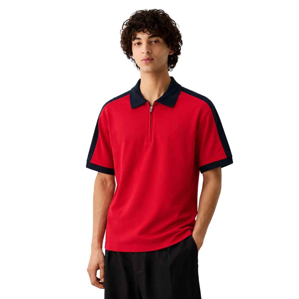 Navy Blue Collar & Red Half Zipper Polo (A-4585)