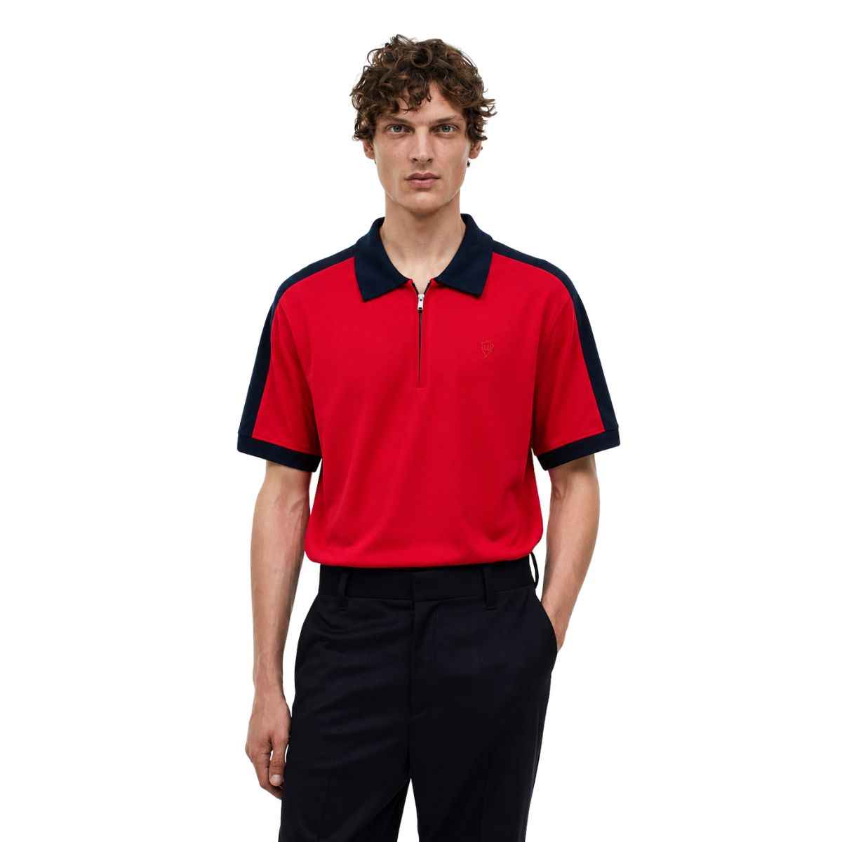 Navy Blue Collar & Red Half Zipper Polo (A-4585)