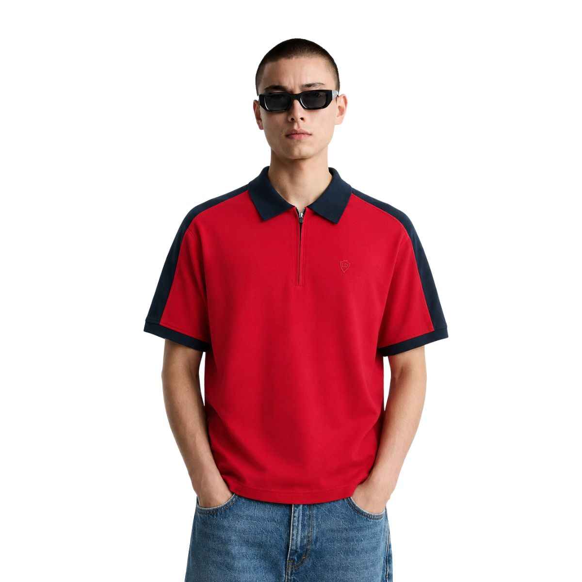 Navy Blue Collar & Red Half Zipper Polo (A-4585)