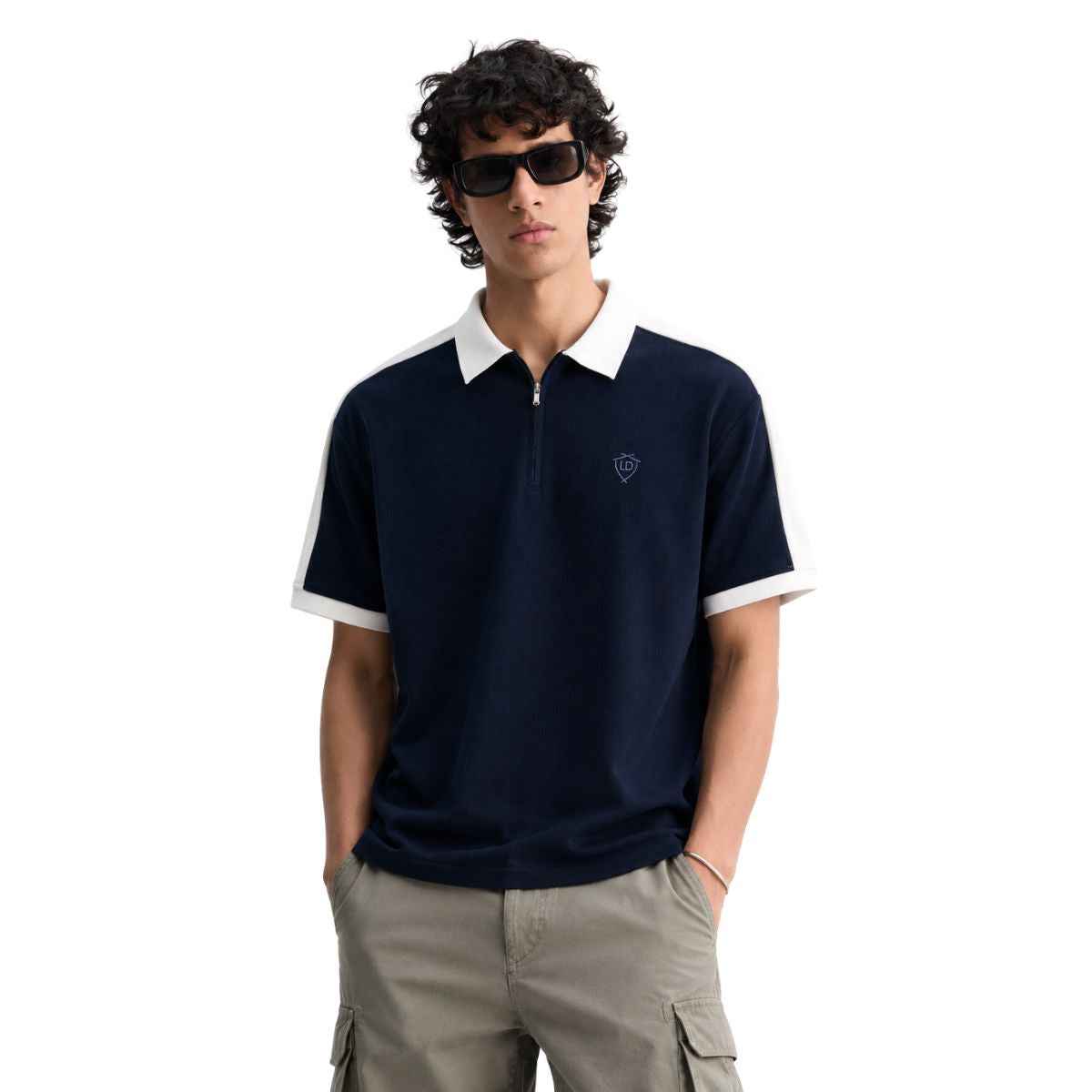 White Collar & Navy Blue Half Zipper Polo (A-4585)