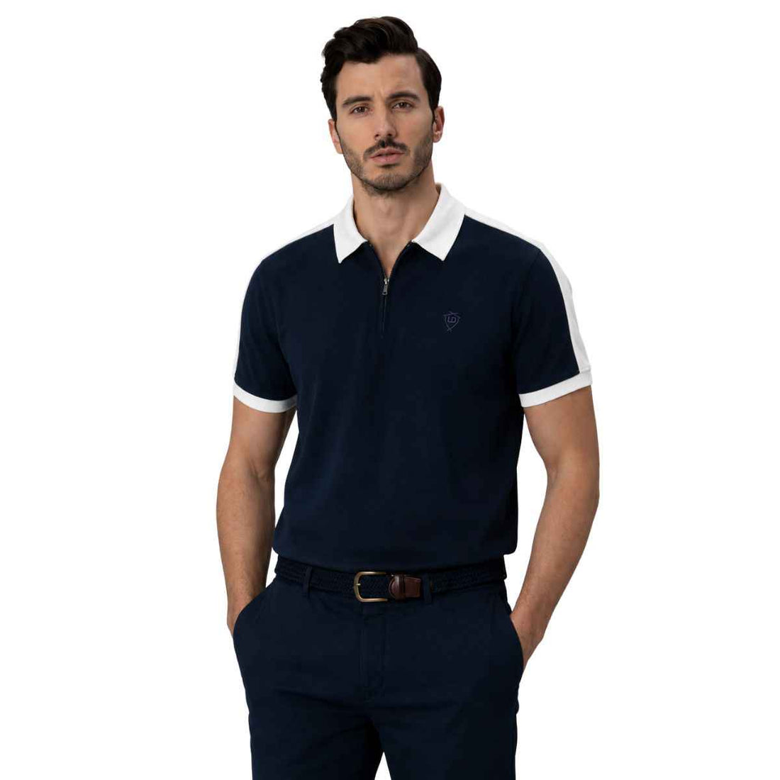 White Collar & Navy Blue Half Zipper Polo (A-4585)