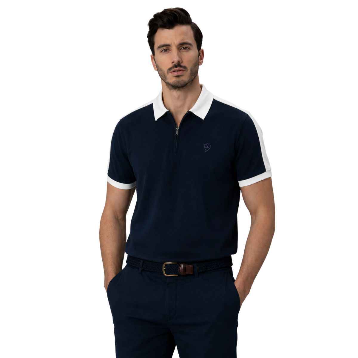 White Collar & Navy Blue Half Zipper Polo (A-4585)