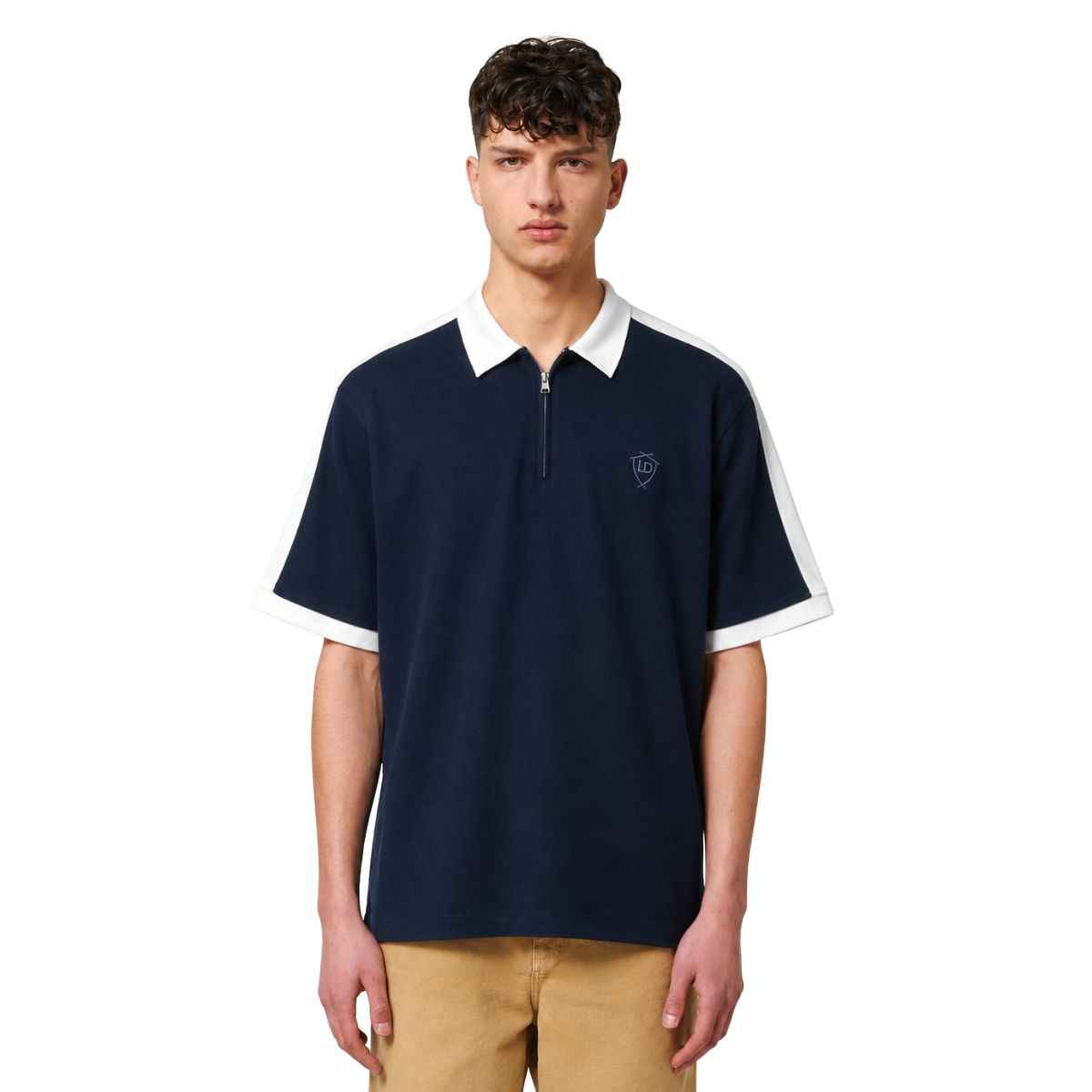 White Collar & Navy Blue Half Zipper Polo (A-4585)