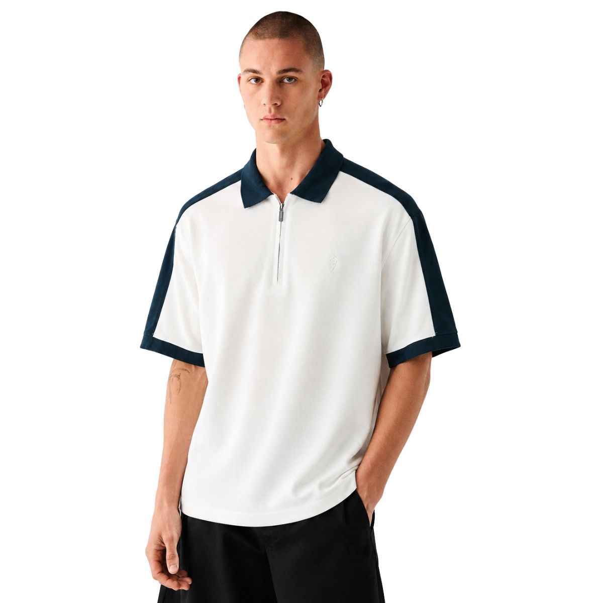 Navy Blue Collar White Half Zipper Polo (A-4585)