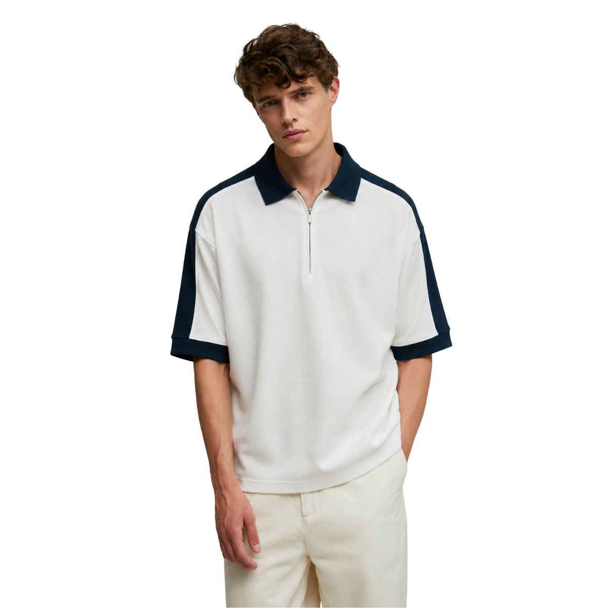 Navy Blue Collar White Half Zipper Polo (A-4585)