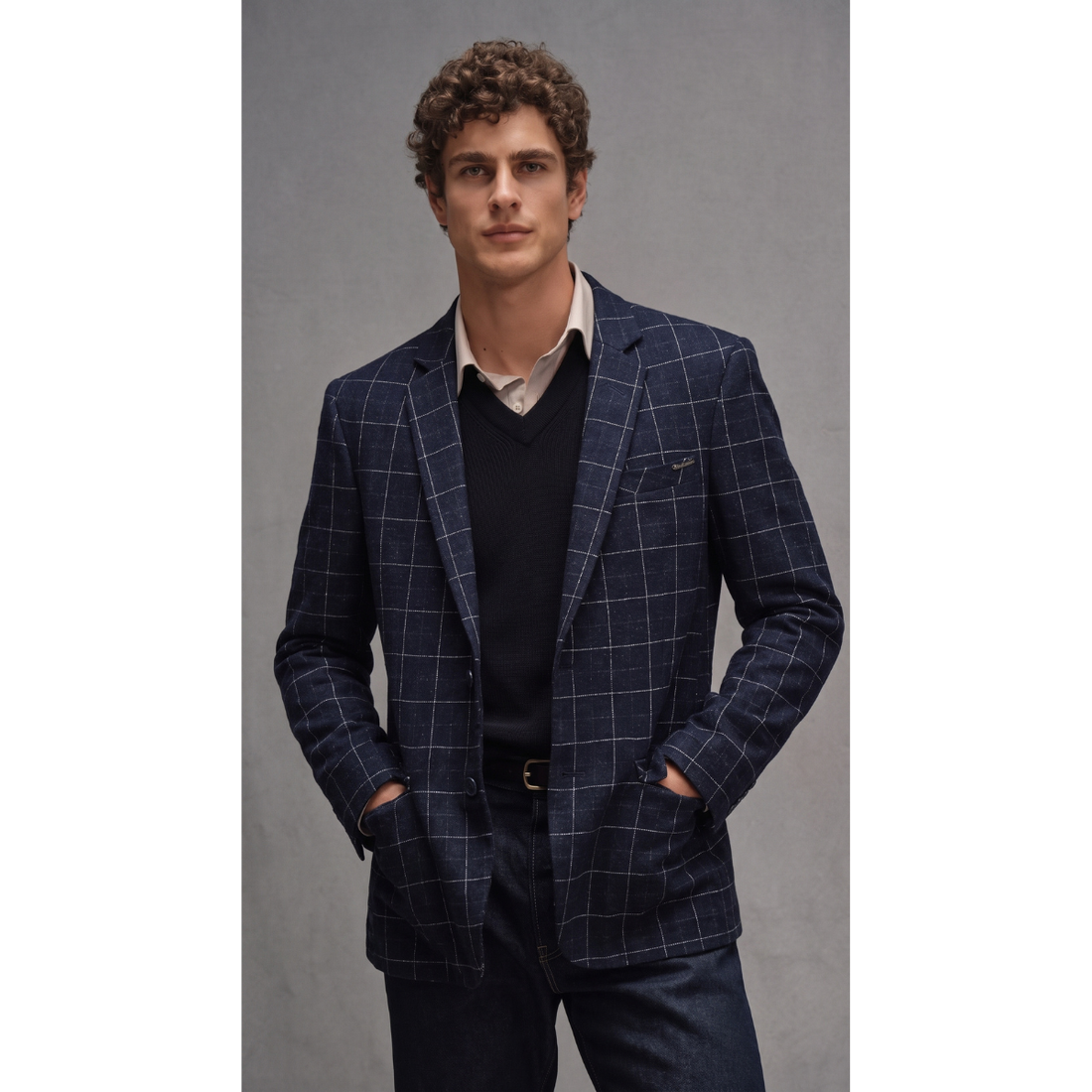 Navy Blue Checkered Mens Blazer (A-5096)