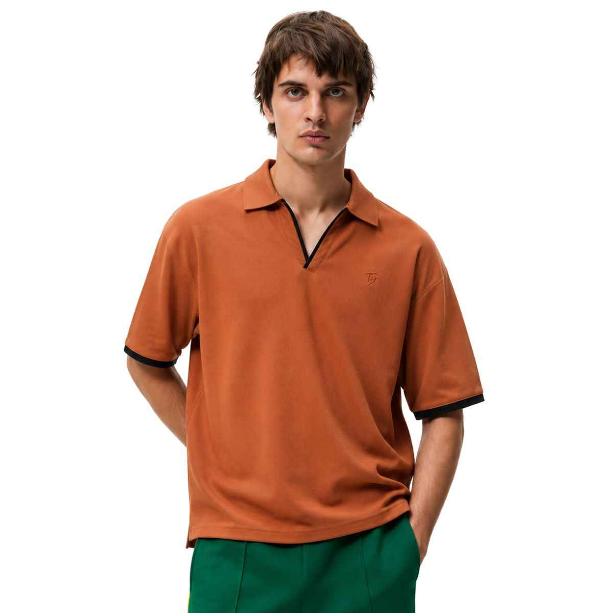 Orange Self Lining Johnny Collar V-Neck Polo (A-4436)