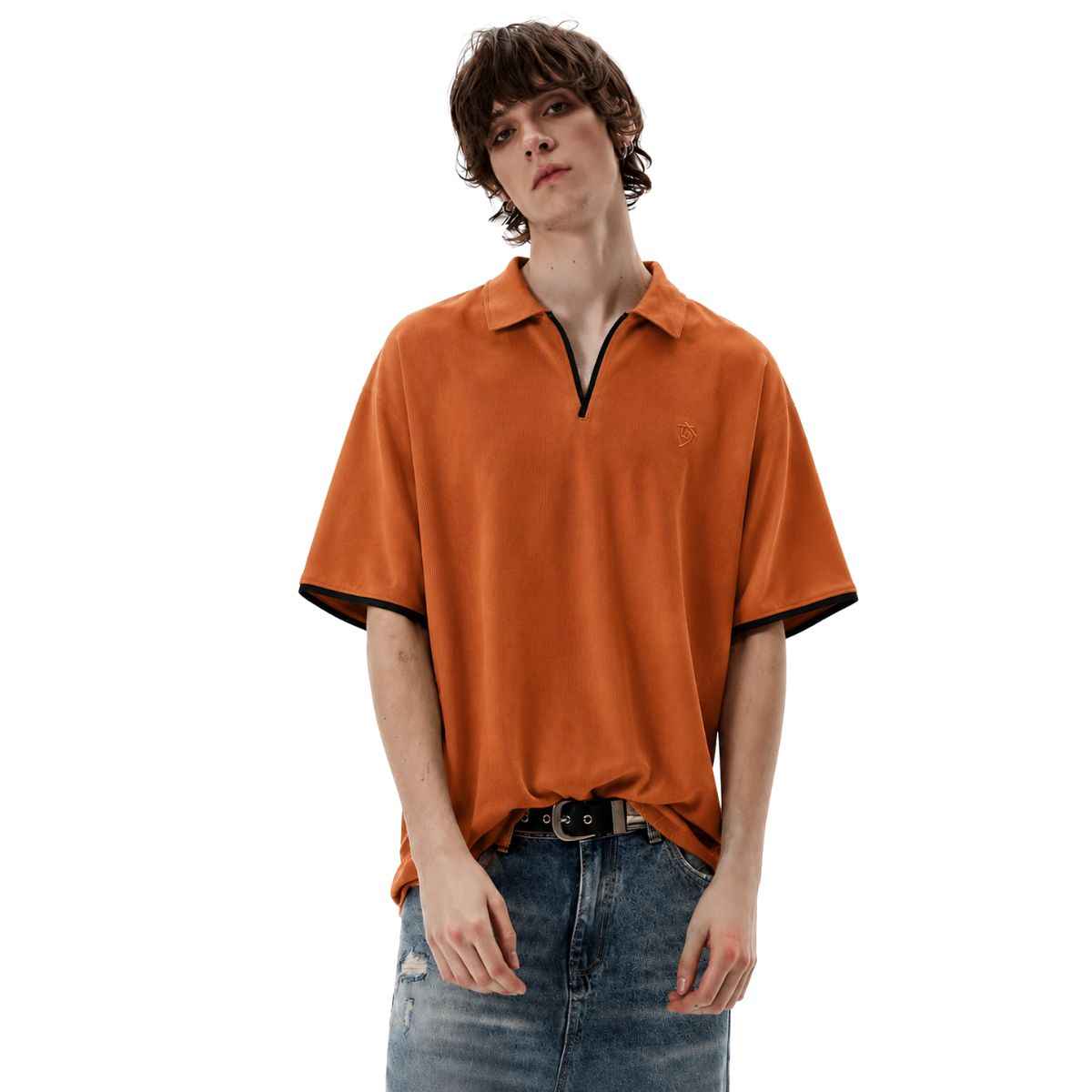 Orange Self Lining Johnny Collar V-Neck Polo (A-4436)