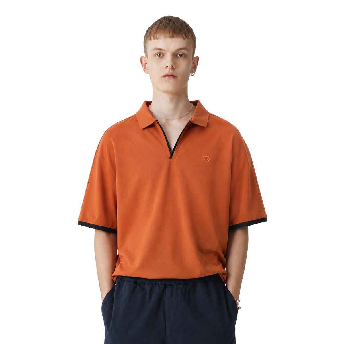 Orange Self Lining Johnny Collar V-Neck Polo (A-4436)