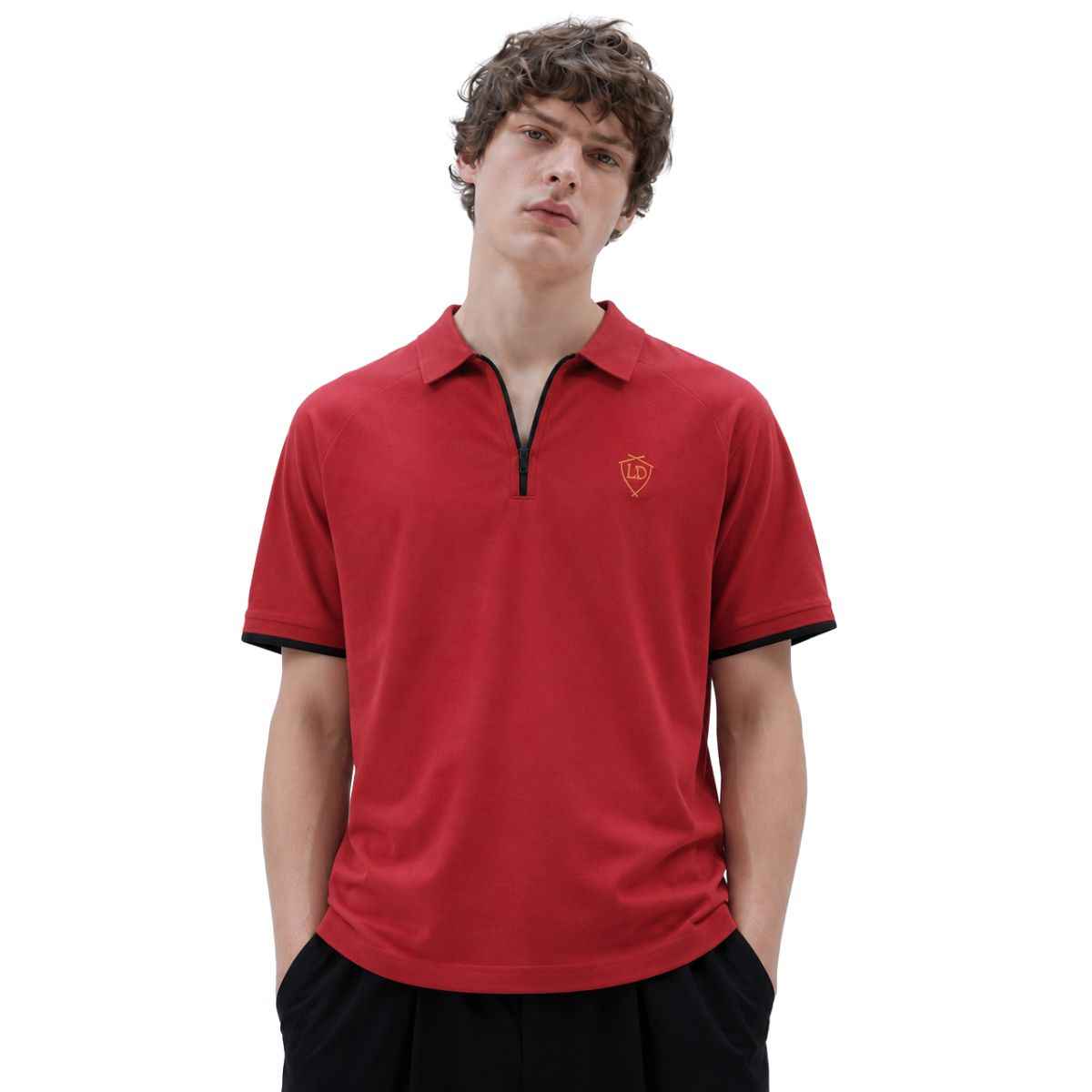 Blood Red Self Lining Johnny Collar V-Neck Polo (A-4436)