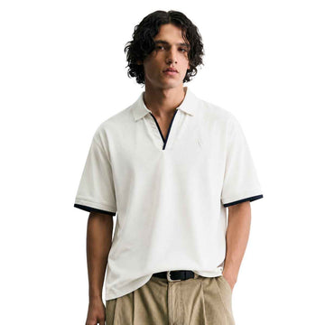 Off White Self Lining Johnny Collar V-Neck Polo (A-4436)