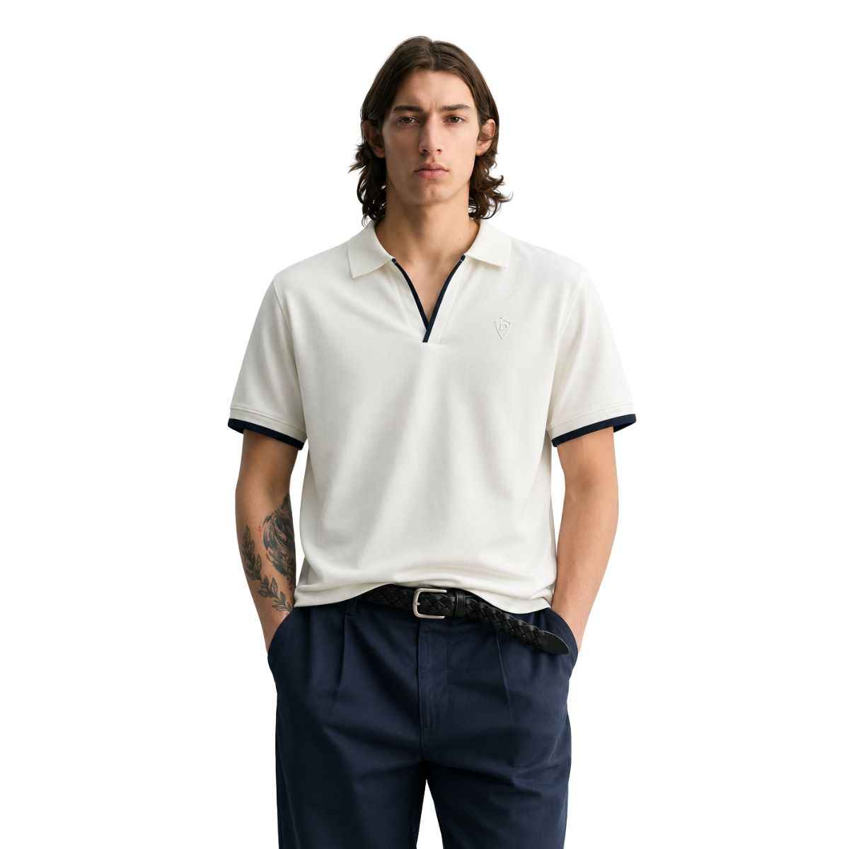 Off White Self Lining Johnny Collar V-Neck Polo (A-4436)
