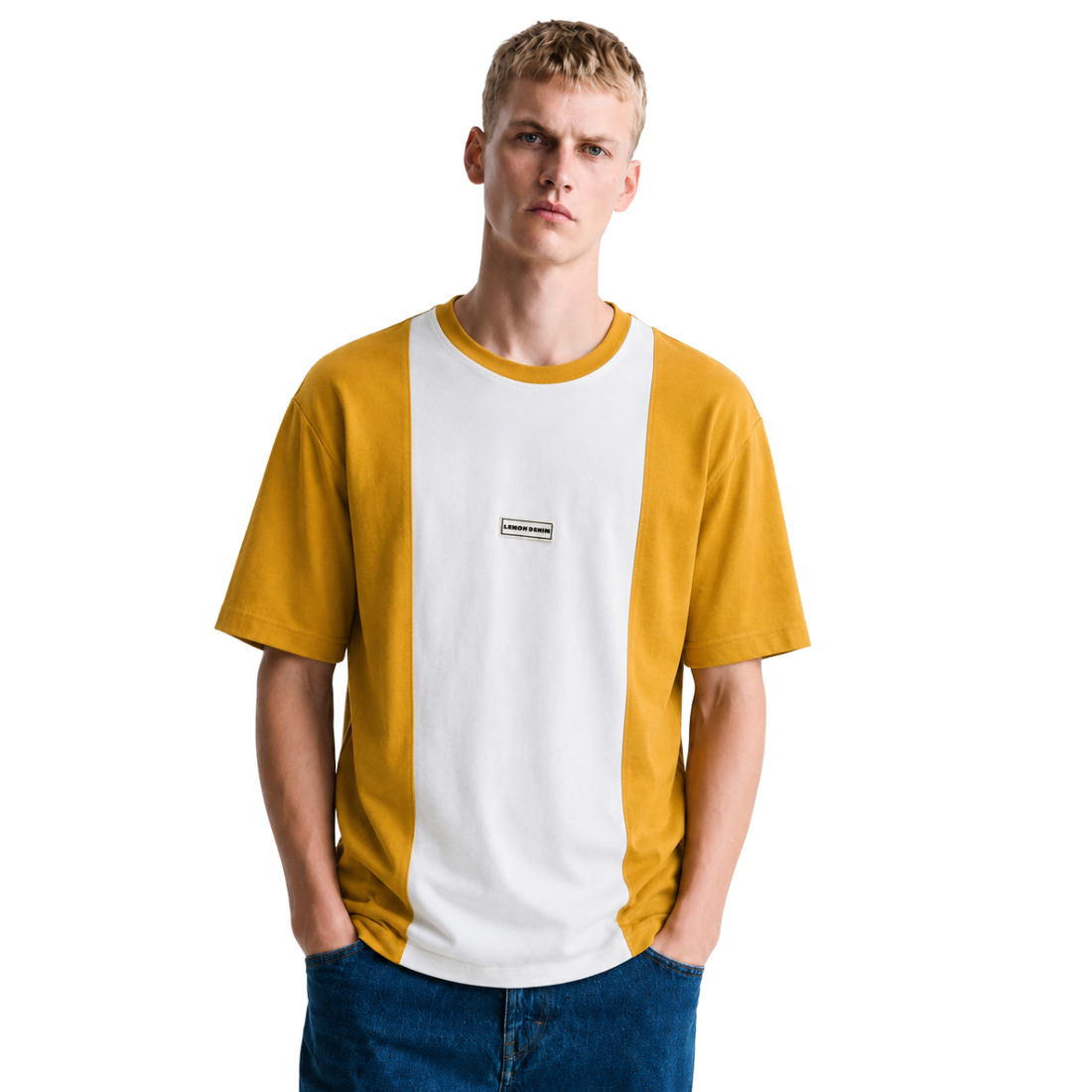 Orange & White Contrast Color Lemon Denim Round Neck T-shirt (A-3588)