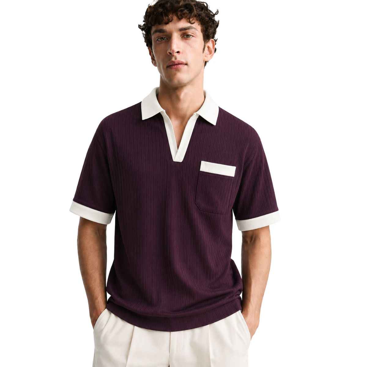 Off White Collar Self Lining Purple Johnny Collar Polo (A-4409)