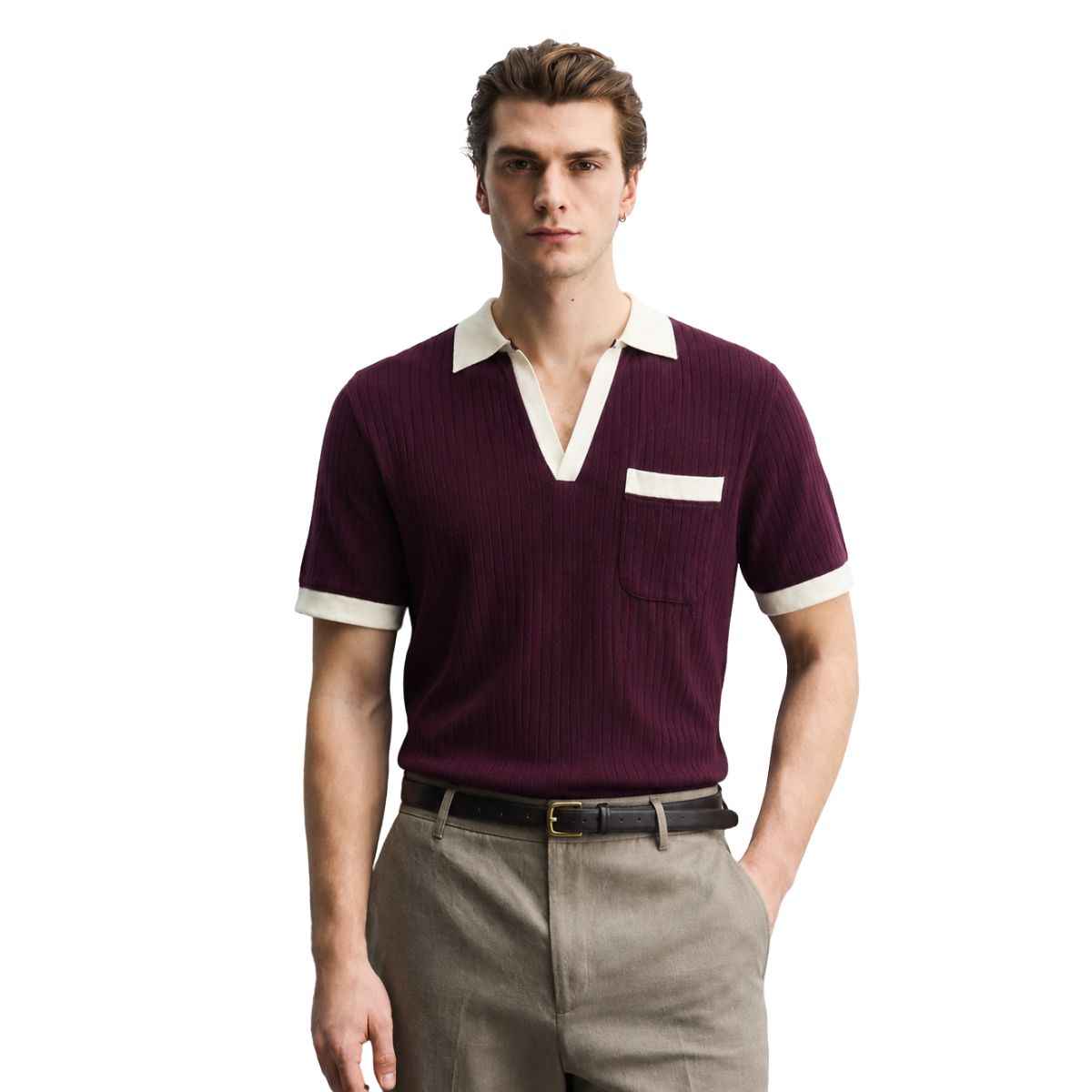 Off White Collar Self Lining Purple Johnny Collar Polo (A-4409)