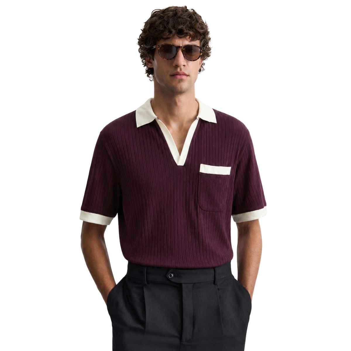 Off White Collar Self Lining Purple Johnny Collar Polo (A-4409)