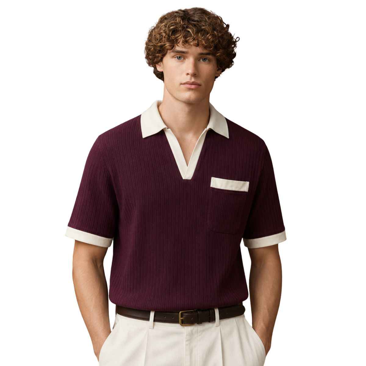 Off White Collar Self Lining Purple Johnny Collar Polo (A-4409)