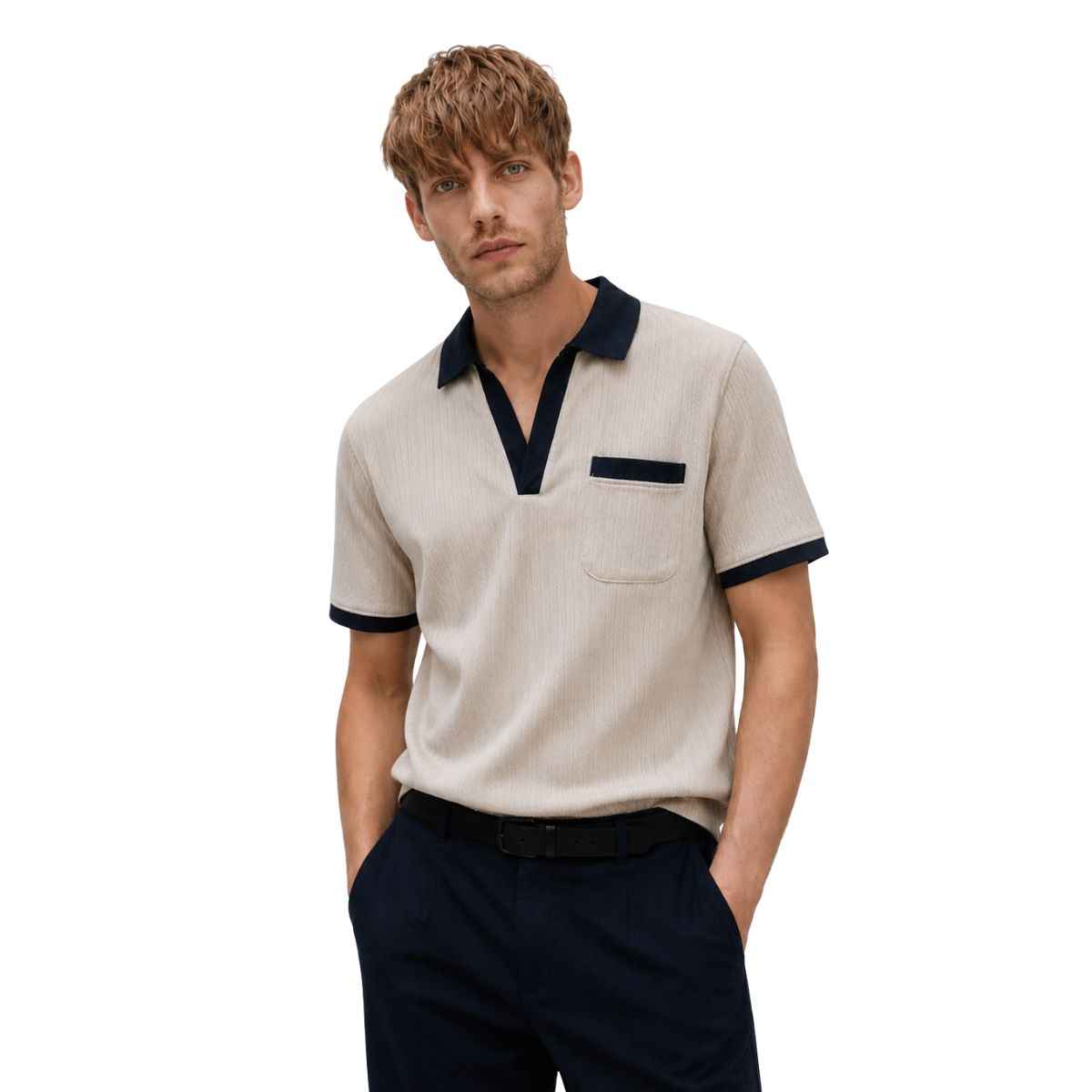 Cream Color V-Neck Johnny Collar Self Lining Polo (A-4409)