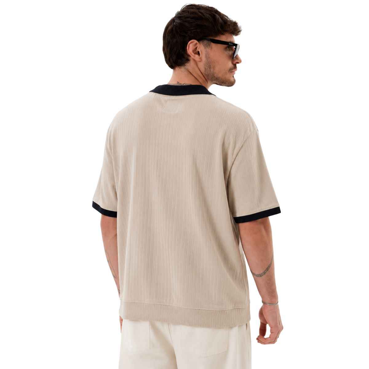 Cream Color V-Neck Johnny Collar Self Lining Polo (A-4409)