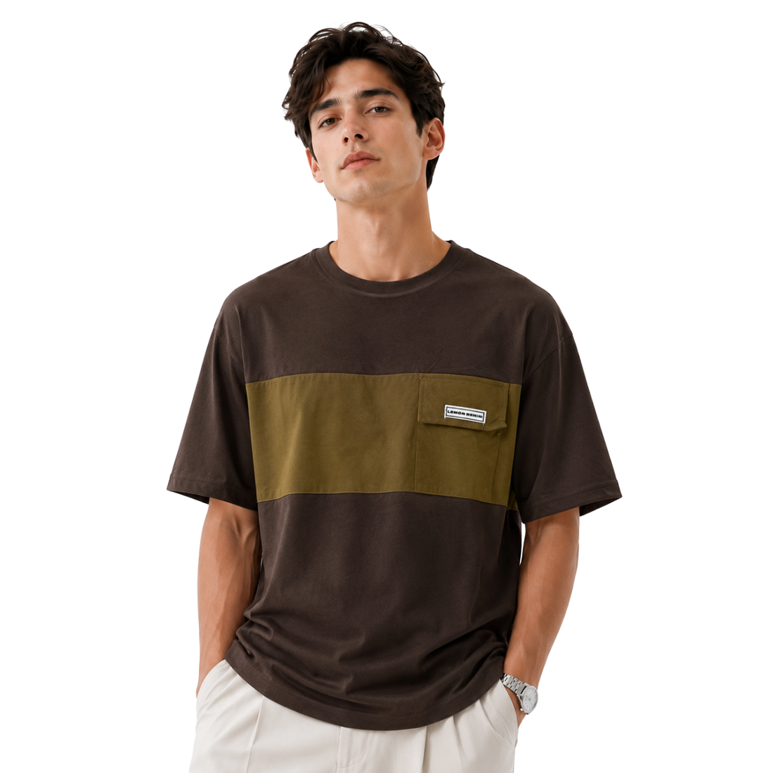 Brown Contrast Combination Round Neck T-shirt (A-3590)