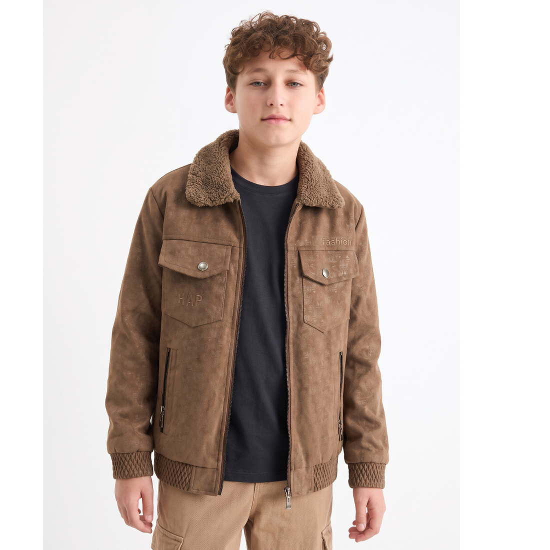 Brown Sherpa Collar Synthetic Leather Jacket (A-5318)
