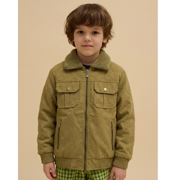 Boys Synthetic Leather Olive Green Jacket (A-5316)