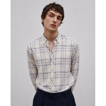 White Linen Fabric Casual Checkered Shirt (A-1420)
