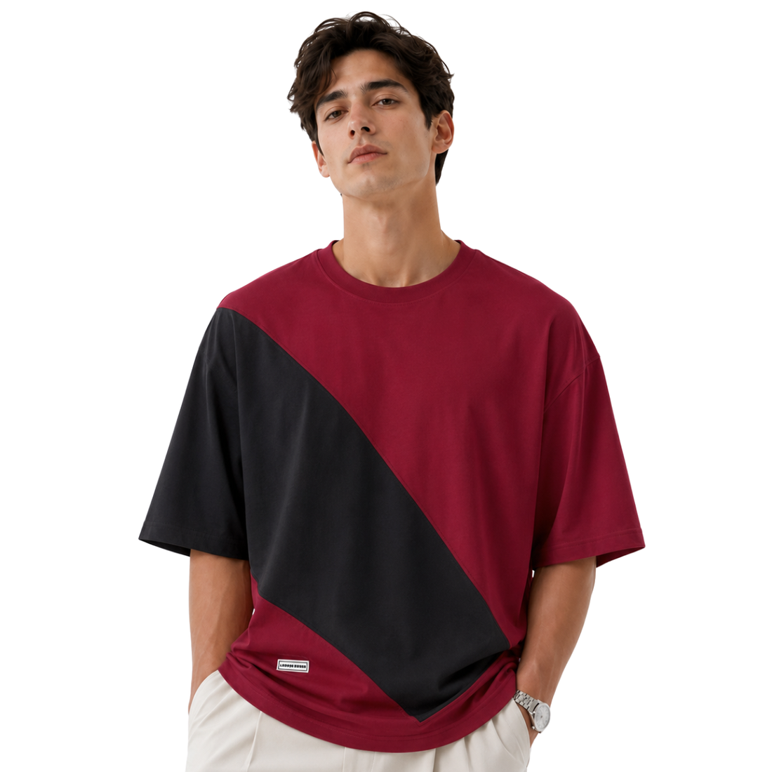 Maroon & Black Contrast Combination Round Neck T-shirt (A-3589)