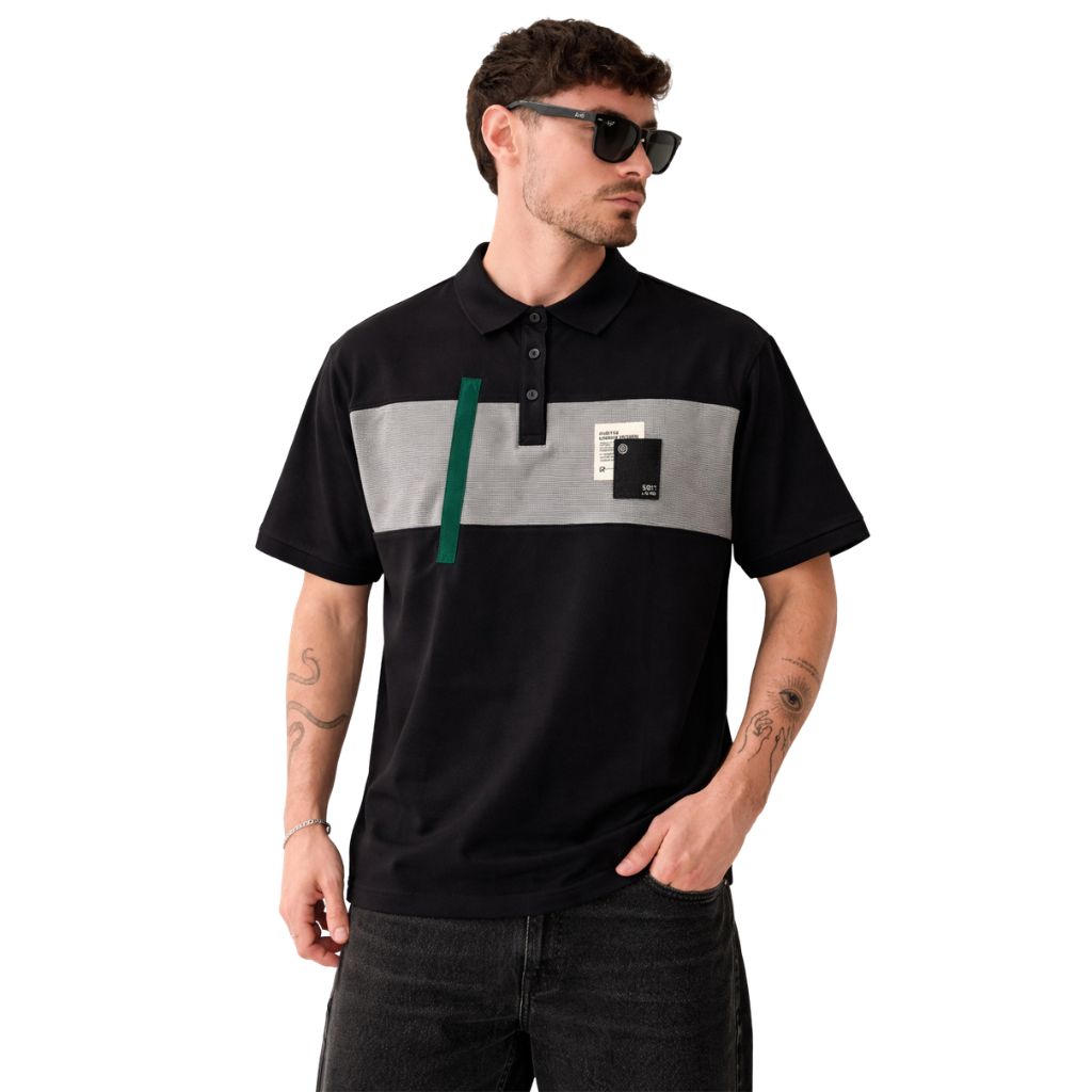 Black With Check Stripe Oversized Polo (A-4184)