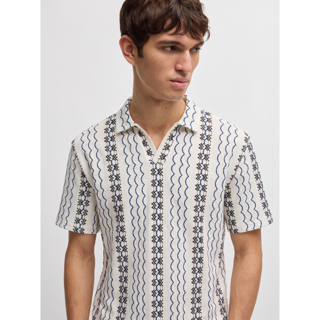 White V-Neck Self Texture Polo (A-5041)