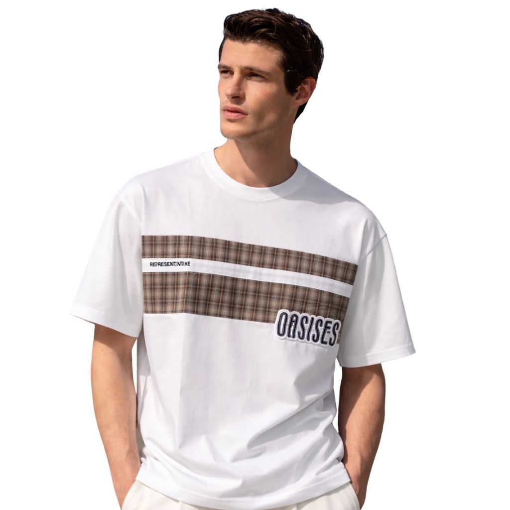White Color With Brown Check Oversized T-Shirt (A-4209)