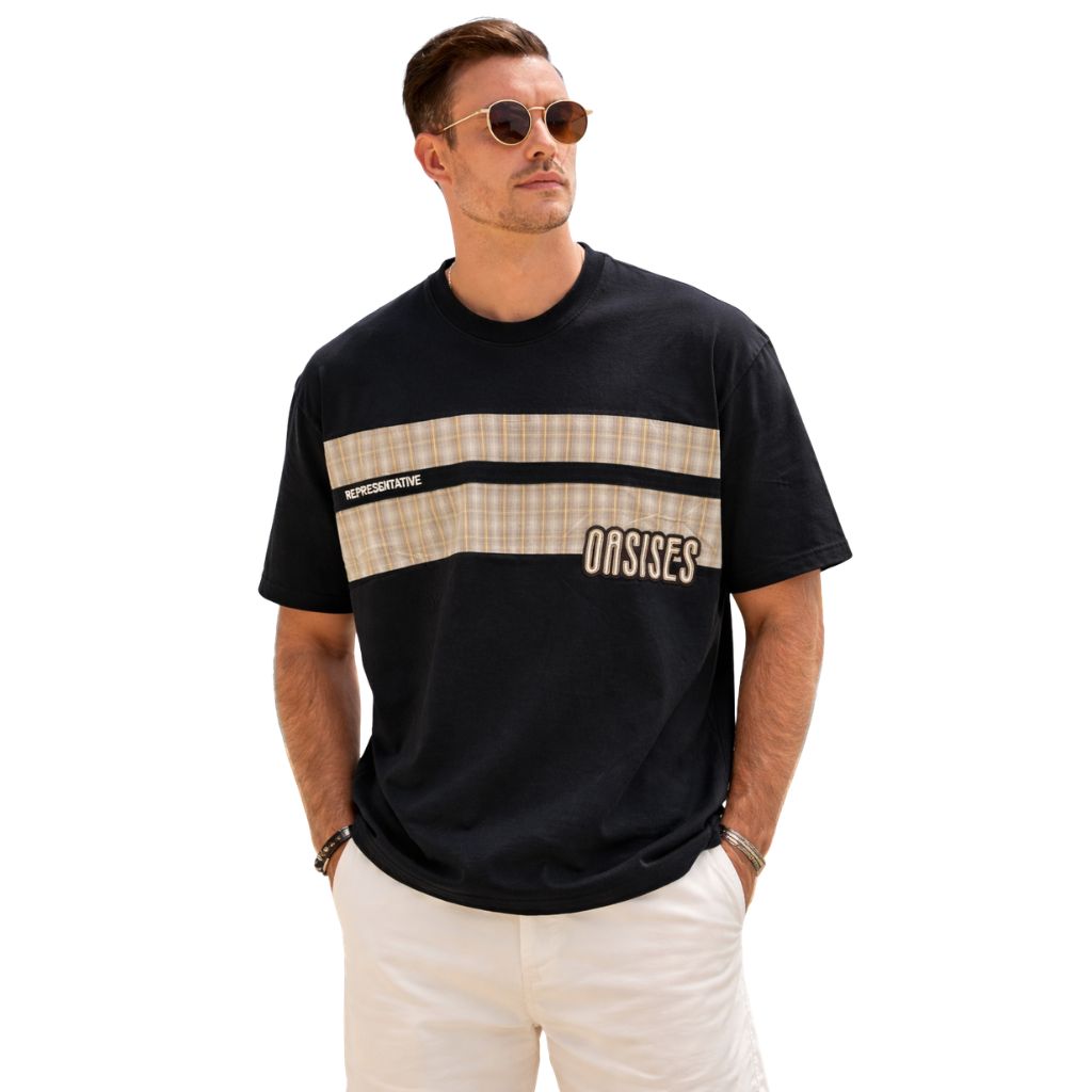 Black Color with Check Stripes Oversize  T-shirt (A-4209)
