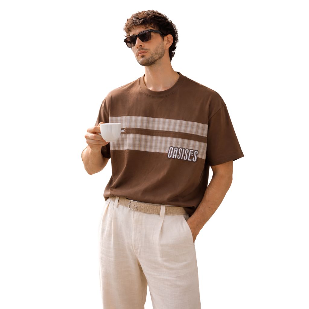 Brown With Check Stripes Oversized T-shirt (A-4209)