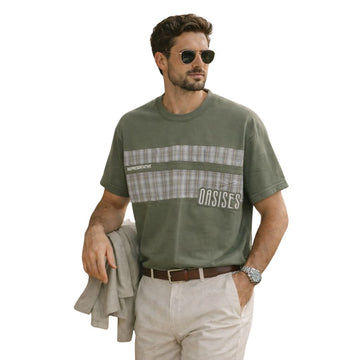 Olive Green & Check Stripes Round Neck T-shirt (A-4209)