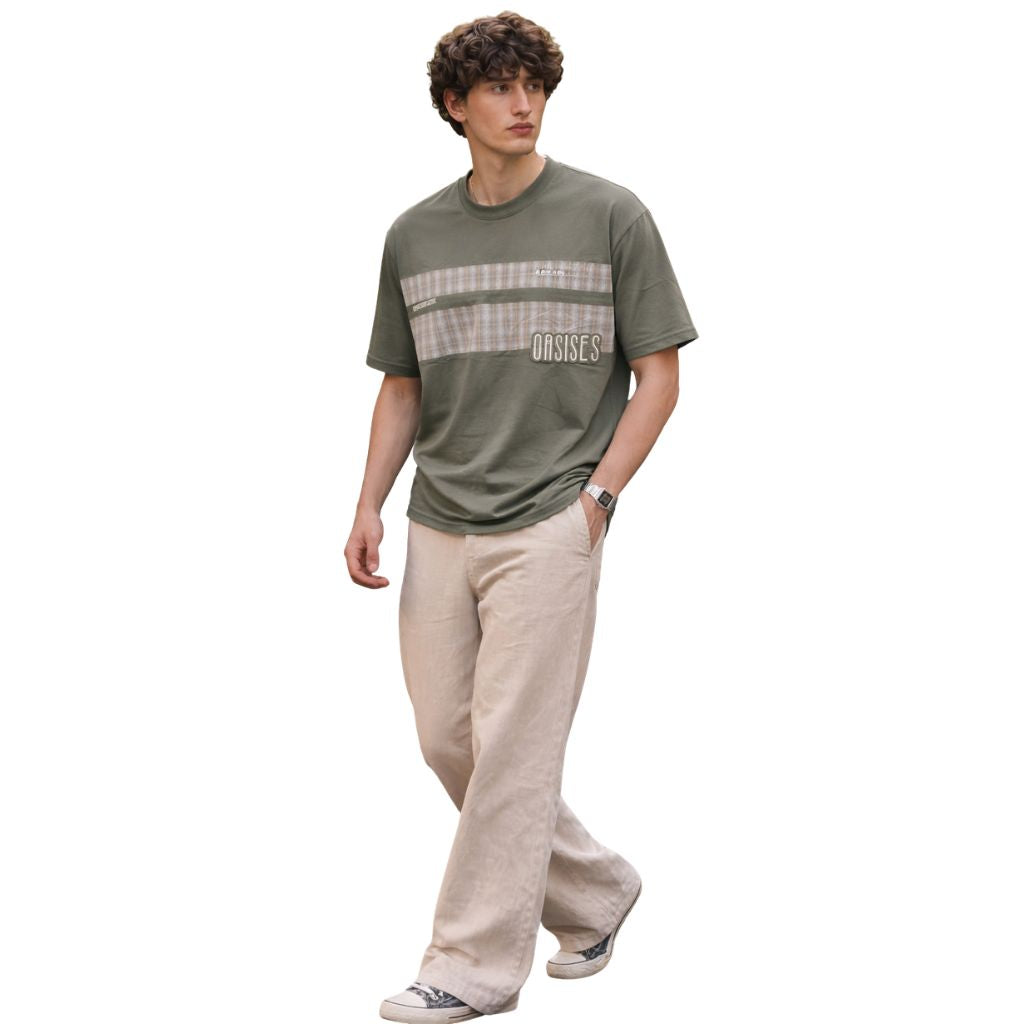 Olive Green & Check Stripes Round Neck T-shirt (A-4209)