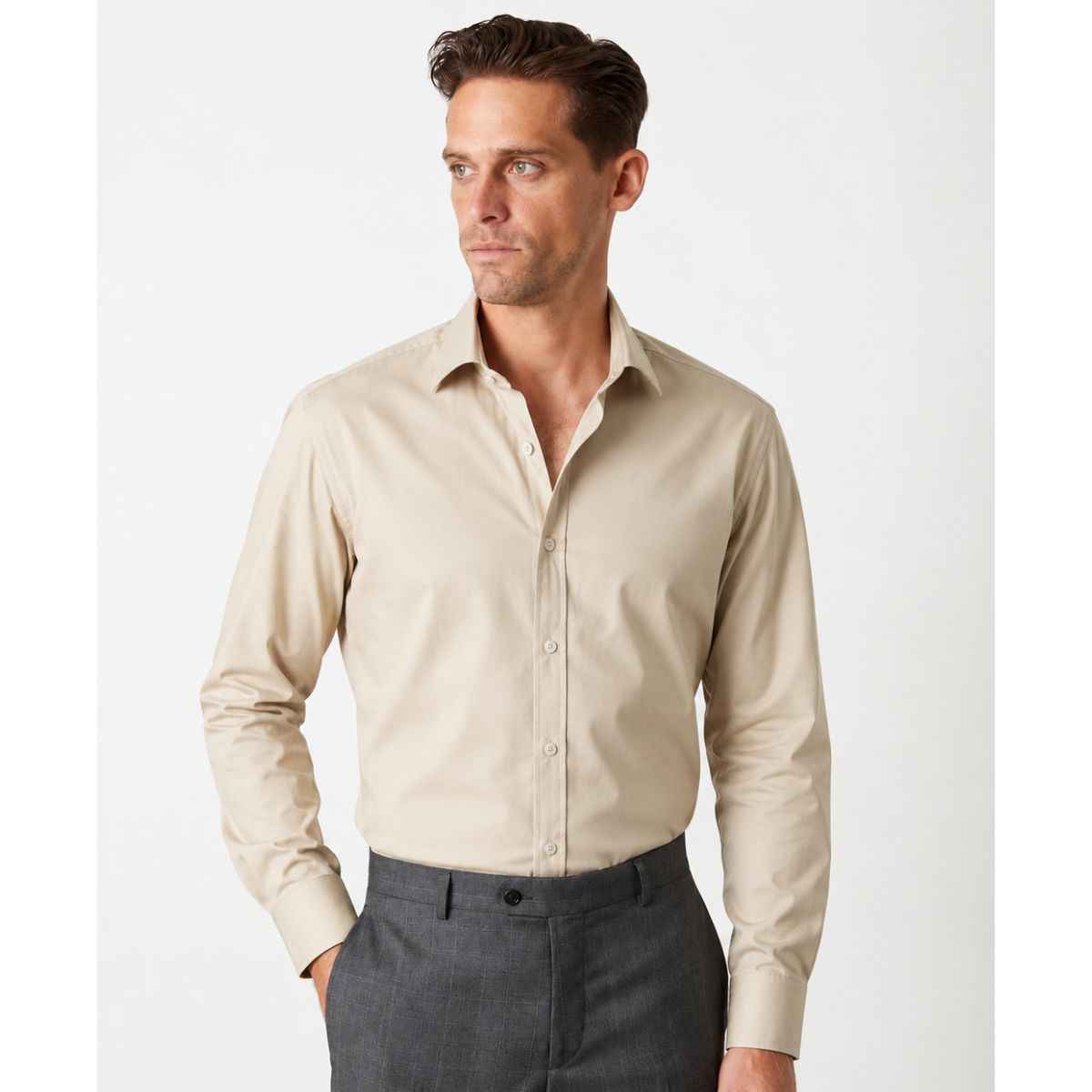 Beige  Color Casual Mens Plain Shirt (A-4418)